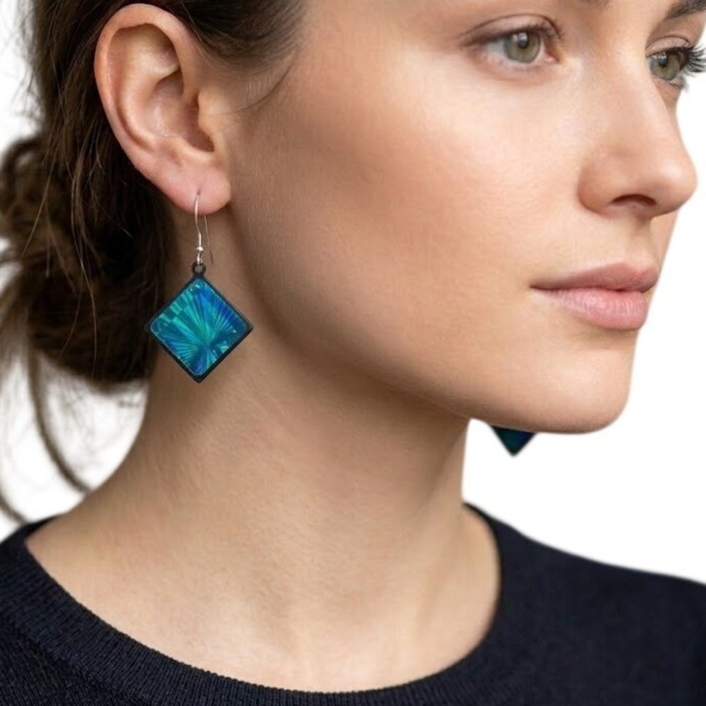 Laser AH Prismatic Teal Holographic Diamond Drop Earrings Made in England Retro